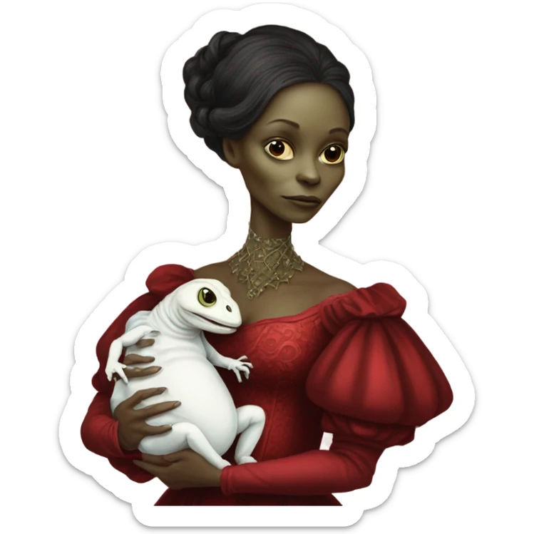  Reptilian alien woman , full body, in victorian red elegant dress , holds a newborn white humman baby sticker