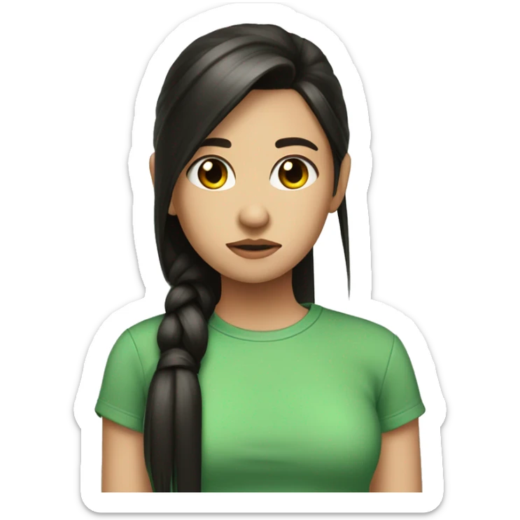 cute girl with black long straight hair brown tips ponytail green shirt sad sticker