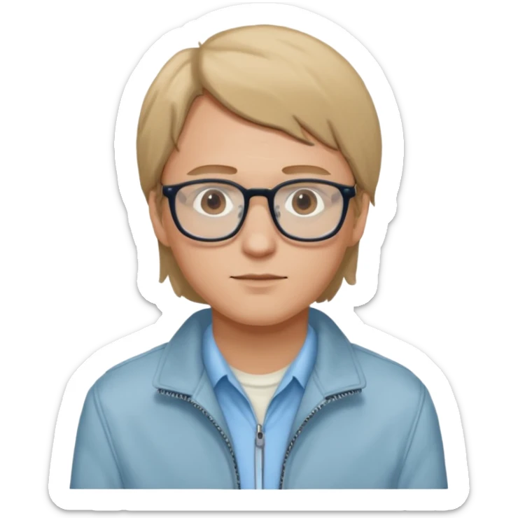 Brian Lackey from Mysterious Skin with brown eyes, dark blonde hair, light blue shirt, ivory jacket, glasses sticker