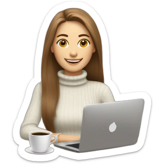 smiling without showing teeth woman with pale skin middle brown long straight hair with a laptop and a coffee mug wearing a white woolly shirt with a turtle neck sticker