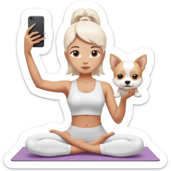 insta girlie doing yoga and white puppy near her. she is taking selfie  sticker