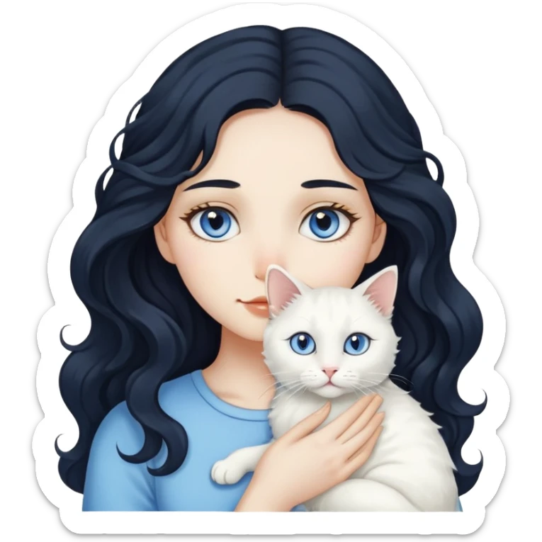 A girl with long black wavy hair and fair skin, holding a white cat. The cat’s left eye is blue and its right eye is yellow. sticker