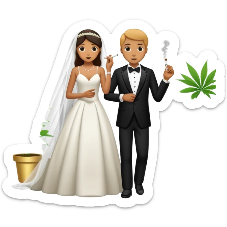Full body view of a person in fancy clothes sneaking into a wedding ceremony smoking cannabis sticker