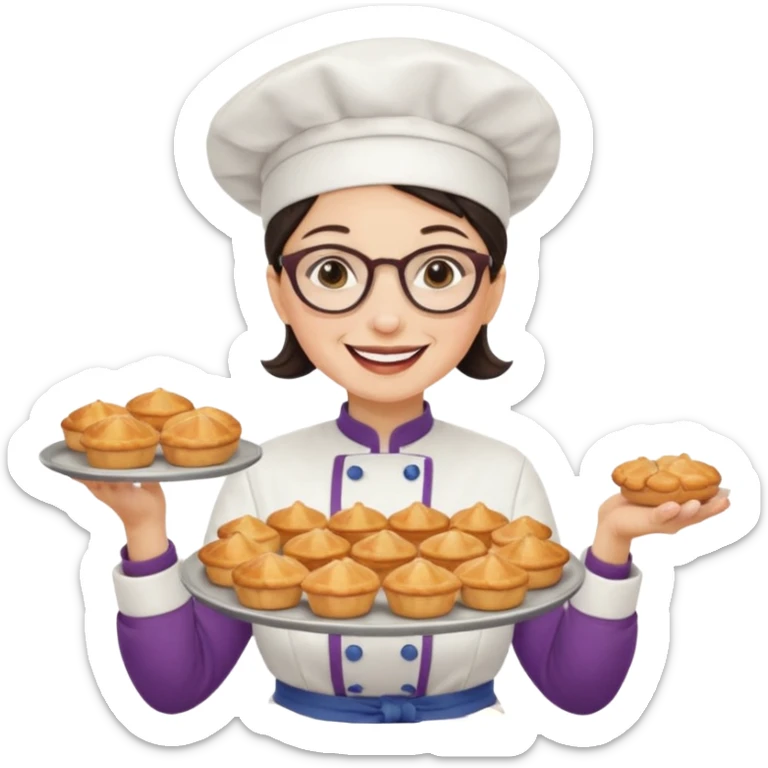 Older female pastry chef – round glasses, oven mitts on, holding a tray of pastries.

 sticker