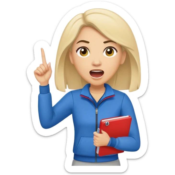 yelling female sport coach with coach wear(with LockIn written on it) and holding a notebook sticker