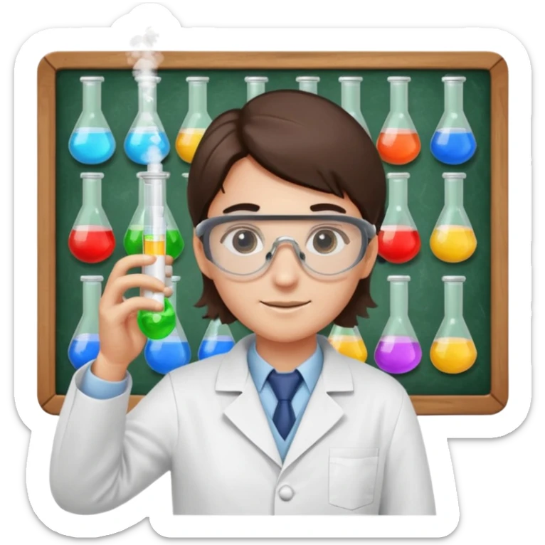 chemist in lab coat with chemical goggles holding a test tube, background with a board of chemical elements, apple emoji style, no text sticker