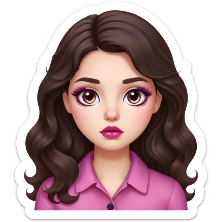 girl with light wheatish skin, dark brown long wavy hair, pouty shiny lips with berry lip gloss, large eyes with eyelashes, pink blush on cheeks, inner eye highlighted with white eyeliner, button nose sticker