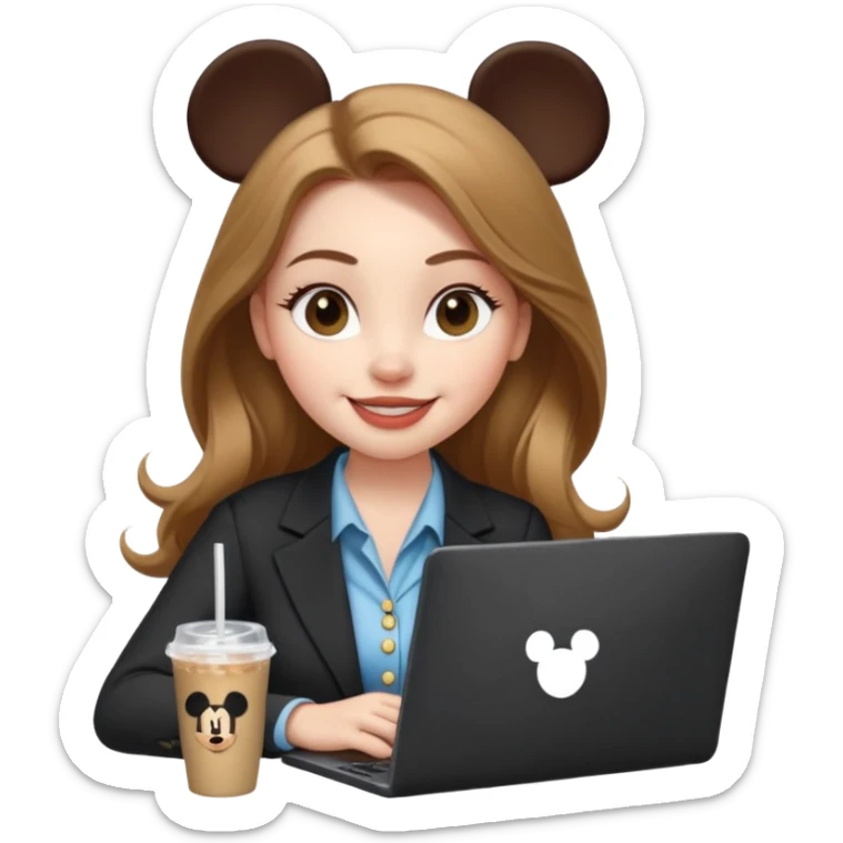 Women in front of one laptop that has a Mickey sticker on it, with a happy face, face a little fuller, lips plump, full eyebrows, long light brown hair, light brown big eyes, light pale skin with a iced coffee on the side, business attire, typing sticker
