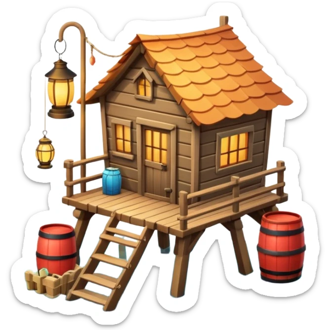 
fisherman house on a wooden pier, small dock, fishing nets hanging, barrels, lantern, ocean vibe, 3D cartoon, cute mobile game icon, clean background, no text
 sticker