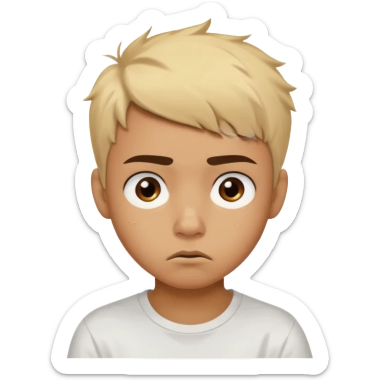 caramel skin color. Teen age. Short buzz, messy blonde hair, dark brown bushy eyebrows large expressive golden-brown eyes, brown skin color, scar over nose, wearing a plain white t-shirt. Disappointed thinking facial expression. caramel skin color sticker