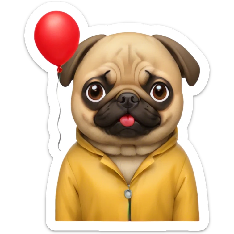 pug in a yellow raincoat holds a red balloon like the boy from the movie "It" sticker