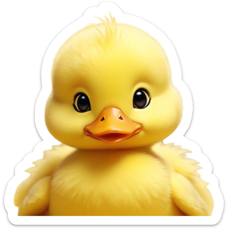 Cinematic Cute Yellow Baby Duck Portrait Emoji, Head tilted playfully and inquisitively, featuring a fluffy, vibrant yellow downy coat with a tiny delicate beak, round, sparkling eyes filled with curiosity, Simplified yet irresistibly adorable features, highly detailed, glowing with a warm, friendly glow, high shine, affectionate and spirited, stylized with a touch of playful whimsy, bright and endearing, soft glowing outline, capturing the essence of a mischievous yet loving duckling, so playful it feels like it could peep out of the screen and into your arms! sticker