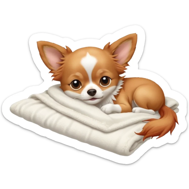 Long haired chihuahua, beige/redhaired with white chest and white socks, sleeping cutely under blanket sticker