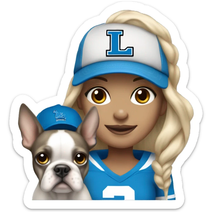 Agirl with shoulder length blond hair wearing a Detroit Lions hat and holding in her arms a gray and white Boston terrier sticker
