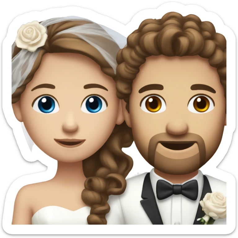 White couple on their wedding day, girl has long brown hair in curls and hazel eyes. Man has short brown hair and blue eyes sticker