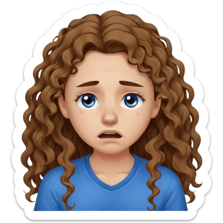 white young curly long hair girl, brown hair, with a blue shirt, in despair crying, brown eyes, septum sticker