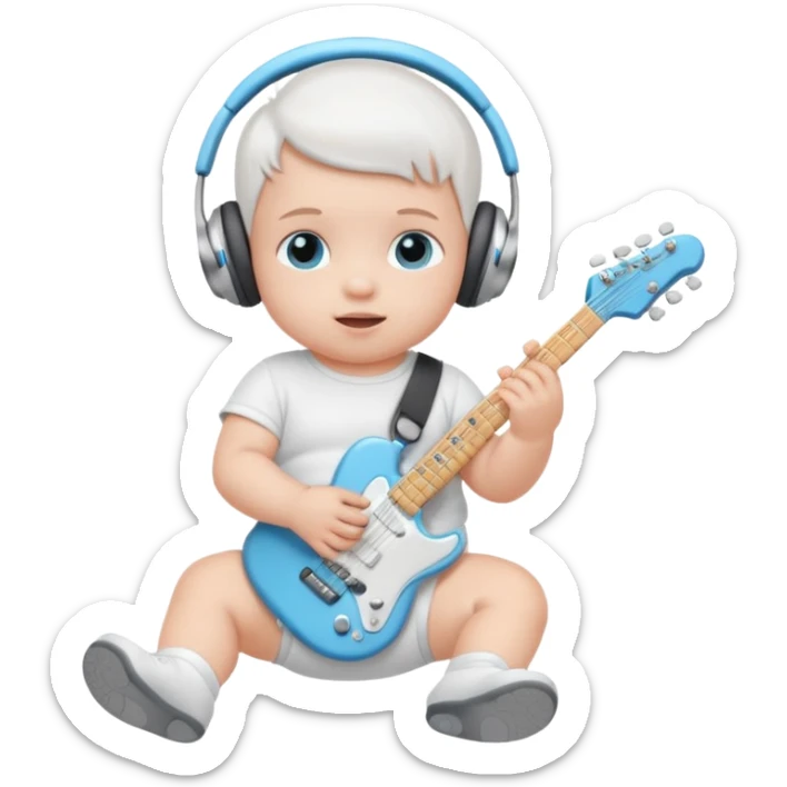 a cute baby in a white diaper and air pod max silver headphones playing a baby blue electric guitar sticker