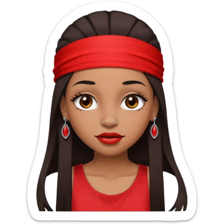 light-skinned black girl with long eyelashes with long strait dark brown hair with edges wearing a red top with no sleeves. and a red accessory on her head with nose and mouth piercings. sticker