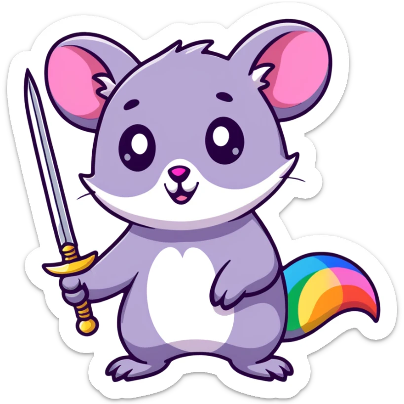 A colorful possum holding a glittery sword, rainbow sparkles, vibrant neon colors, cute big eyes, with stars and hearts background sticker