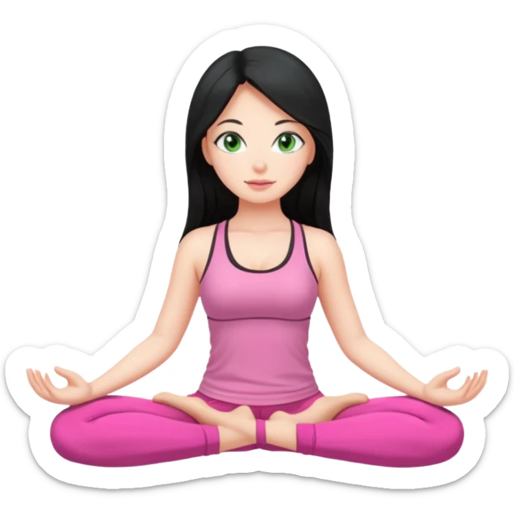 Girl with long black hair with green eyes doing yoga with pink clothes sticker