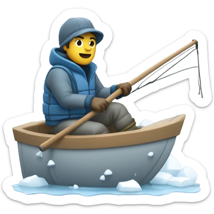 Fisherman in winter gear driving a boat on a slushy lake, pushing through ice. Apple style, side view, focused expression, blue, gray, white palette. sticker