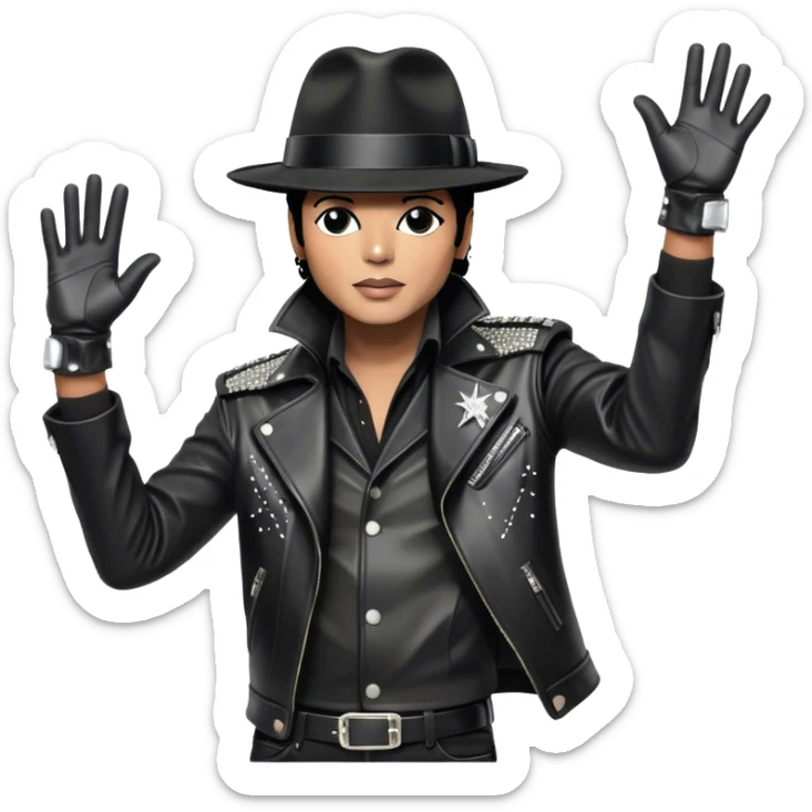 Icon for R&B Music: Michael Jackson in his black fedora, sparkling glove, and leather jacket, striking his famous final pose after performing, with one arm raised and head tilted back. Musical notes surround him, symbolizing the essence of R&B. Transparent background. sticker