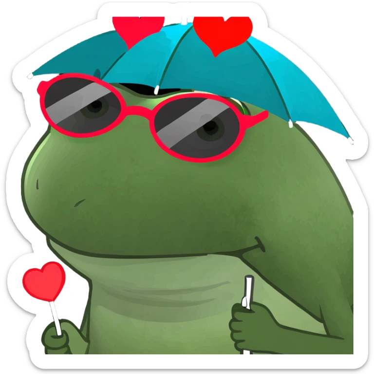 Make this frog look even more like the classic Bufo meme: green, wide-eyed, with the signature Bufo face, wearing a striped umbrella hat, heart-shaped sunglasses, and holding a pink cocktail, in bufo style, no background. sticker