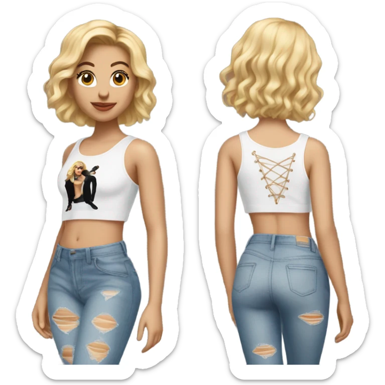 A blonde girl with short hair wearing a Shakira lace up croc top and short jeans and high heels  sticker
