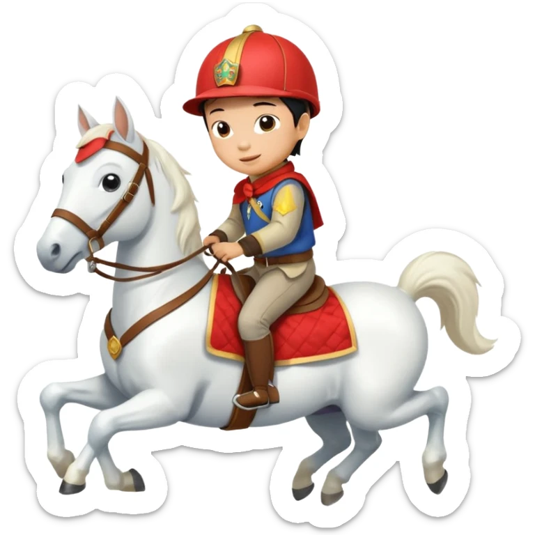 A Chinese little boy is riding a cute white small horse, and the horse is running. The blanket on the saddle says ‘2026.’  (2026 MUST HAVE) 。 sticker
