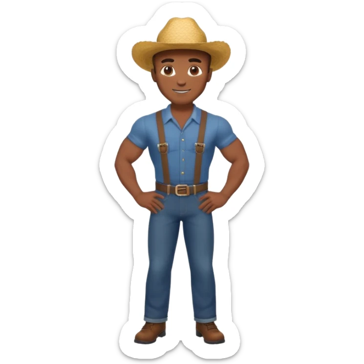 Adult male, brown skin, muscular, confident grin, slightly provocative stance, hands on hips, assertive energy, clearly distinct from Black and Farmer roles sticker
