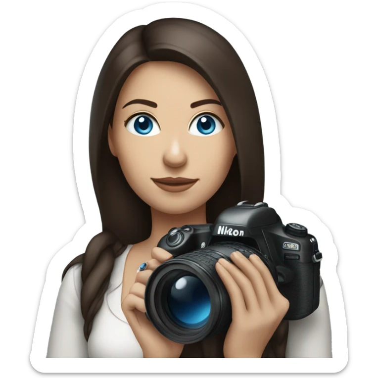 Portrait of woman with blue eyes and dark brown hair holding a nikon camera sticker
