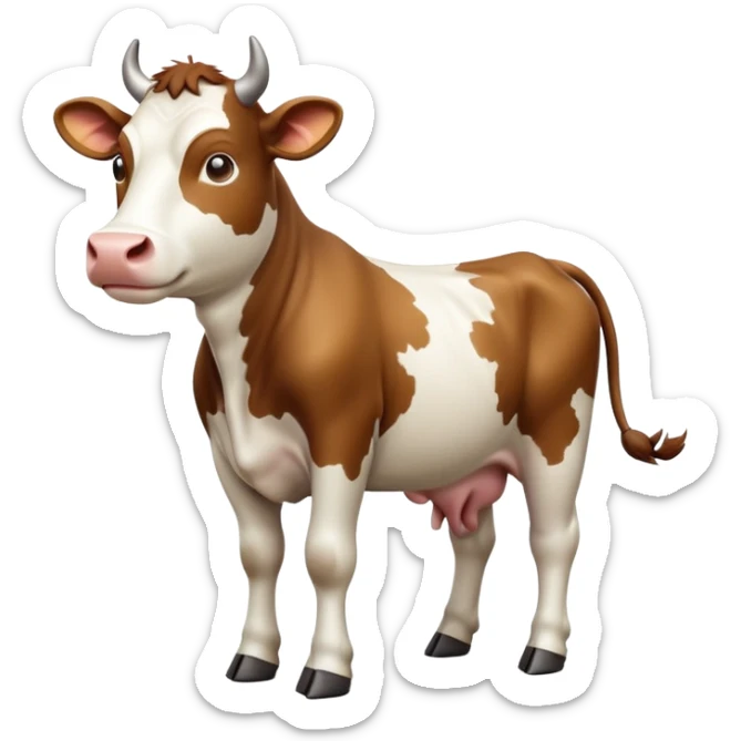 cinematic-[brown and white cow]-realistic-full-body-standing-emoji,-tail-flicking-lazily,-head-tilted-dramatically,-sleek-[brown and white]-coat,-simplified-yet-realistic-focused-features,-highly-detailed,-glowing-with-an-almost-sarcastic-glow sticker