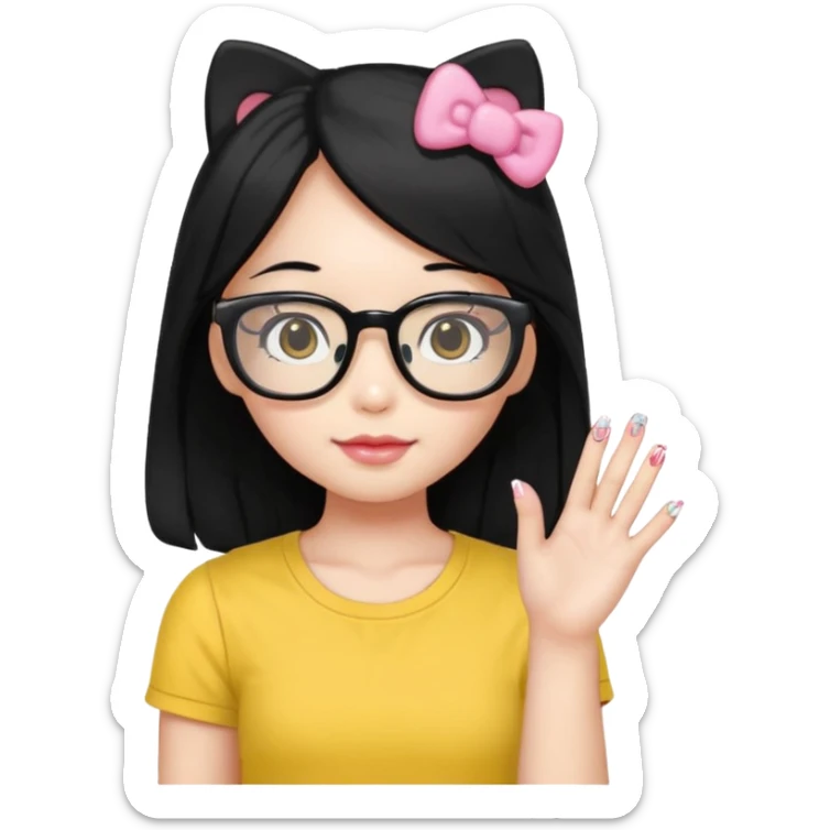 Nails cute with hello kitty wear glasses black long  hair wear, yellow shirt sticker