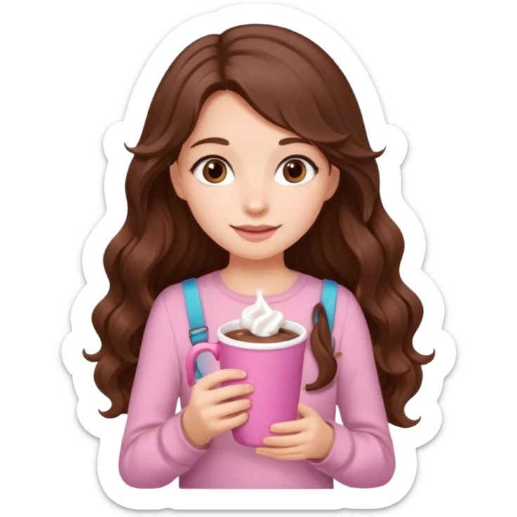 menina branca com cabelos castanhos longos ondulados com xícara rosa na frente com chocolate quente, com blusa de alça fina sticker