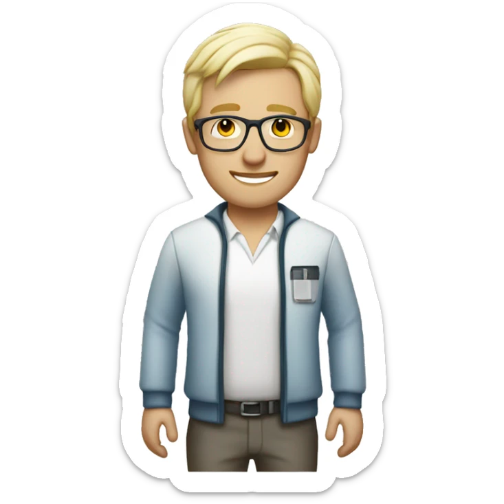 a male pharma employee, full body, dressed with short white jacket. blonde hair with glasses sticker