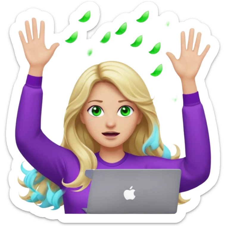 lady with long wavy blonde hair, purple top, green eyes, throwing her with a purple mac laptop hands in the air crying sticker