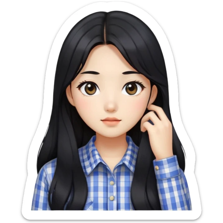 Beautiful girl,Black hair,long hair,Black eyes,Korean, check pattern shirts sticker