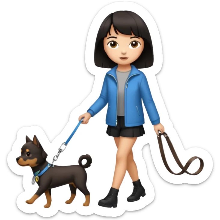 dark brown short haired girl walking a black haired girl with bangs on a dog leash sticker