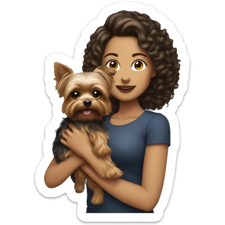 white women with curly medium length brunette hair, holding a yorkie dog sticker