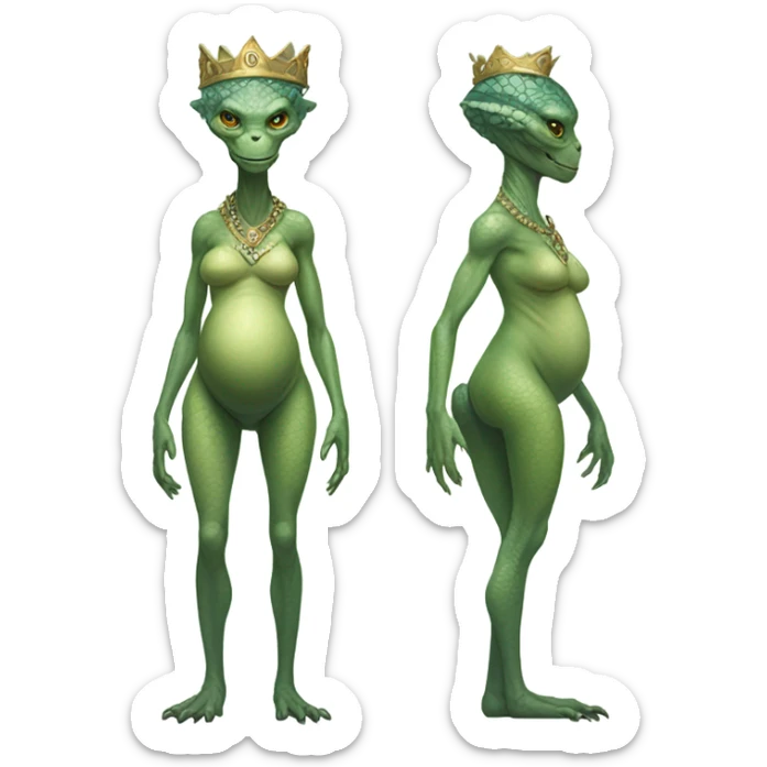 Pregnant reptilian alien woman, full body, have a crown sticker