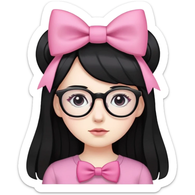 Pale white skin, long black hair, wearing a pink bow on the side of her hair, black eyes, wearing a black shirt, wearing glasses sticker