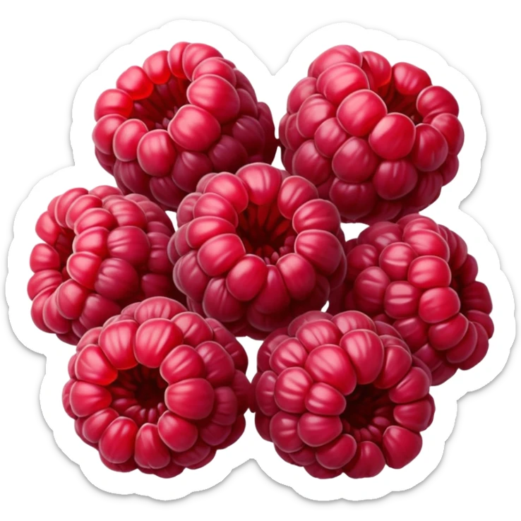 small cluster of whole dried raspberries with deep red to burgundy tones, wrinkled surfaces, hollow airy centers, matte slightly crisp texture, natural irregular shapes, no bowl or extras, soft lighting, subtle shadows, emoji scale sticker