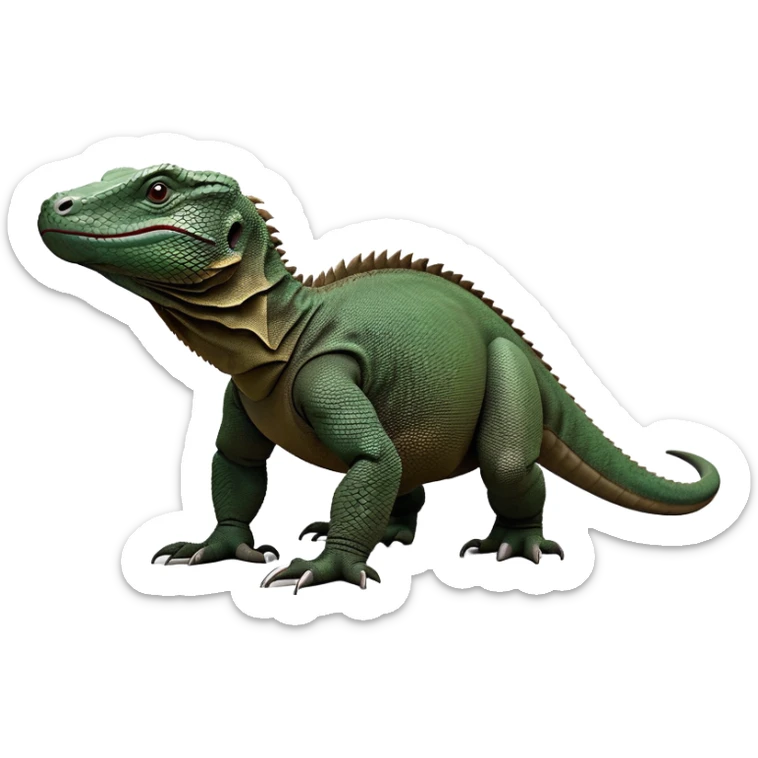 cinematic-komodo-dragon-realistic-full-body-standing on all fours-emoji,-massive-scaled-body-poised-with-quiet-power,-rough-textured-skin-dark-green-and-dark brown, black,-head-tilted-dramatically,-long-forked-tongue-flicking-out,-simplified-yet-realistic-focused-features,-highly-detailed,-glowing-with-an-almost-sarcastic-glow

 sticker