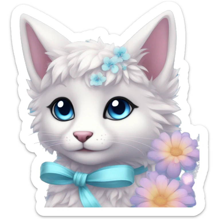 Anthro Cute Cool Pastel Kawaii gorgeous sparkly ethereal fantasy animal creature with blue eyes furry sona with flowers and ribbons beautiful aesthetic sticker