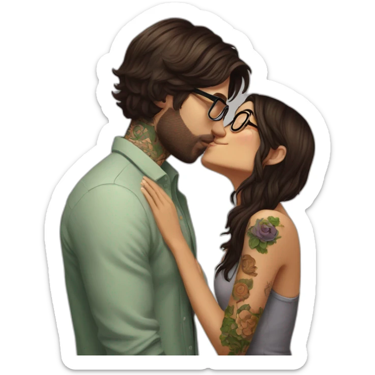 Brazilian long brown hair girl wearing glasses, kissing Irish dark short hair guy who has many tattoos sticker