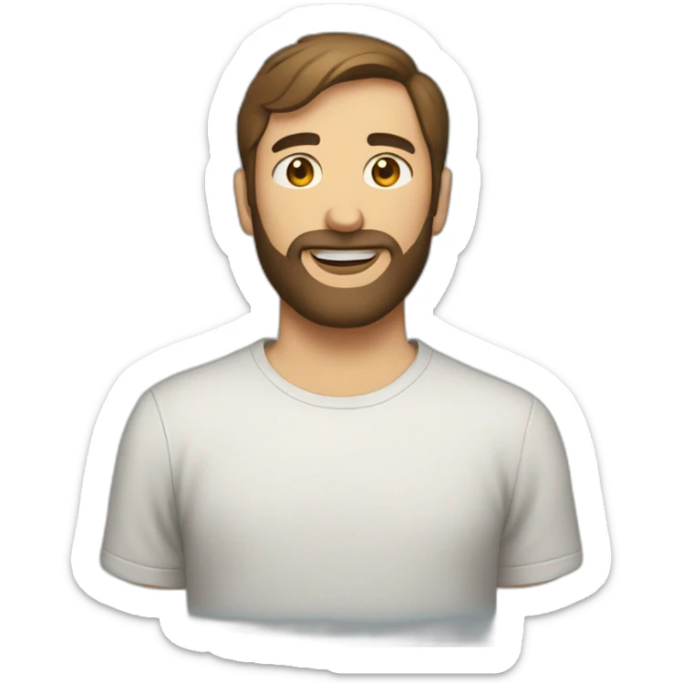 man with brown short hair and short beard wearing a t-shirt with the word escutai sticker