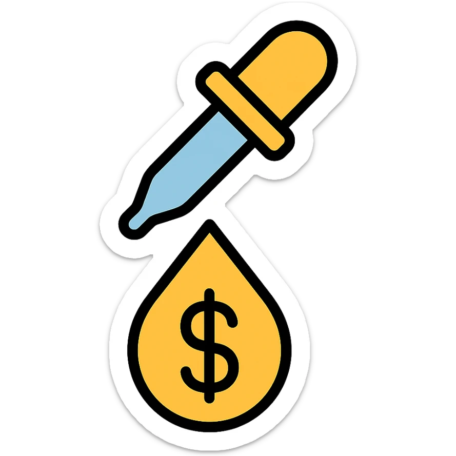 colored icon of a pipette at the top of a golden drop with a dollar sign inside the drop sticker