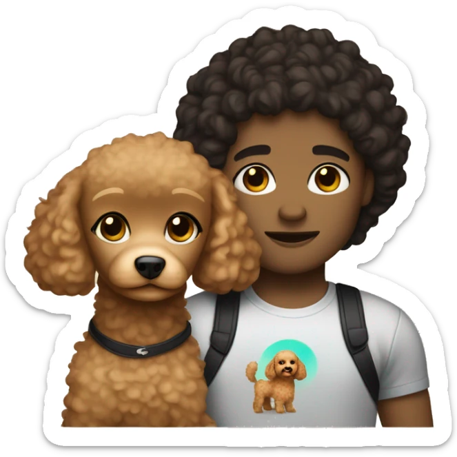 white woman with straight dark hair and a mixed race man with curly hair holding a toy poodle light brown color sticker