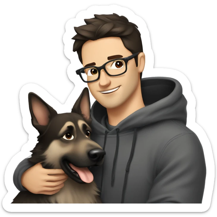 a handsome guy (dark brown hair, grey colour eyes, thin stylish black glasses, hoodie) hugging a dog (grey colour german shepherd) sticker
