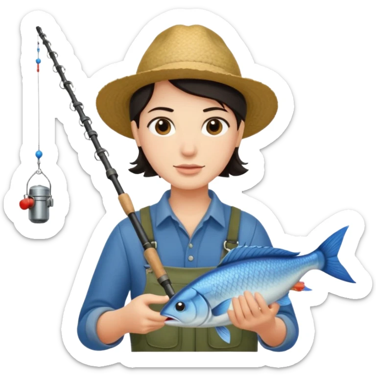 GRANJERO PIEL CLARA Y PELO OSCURO  CON CAÑA DE PESCAR Y UN PESCADO EN LA CAÑA sticker